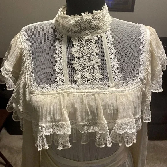 Rare Vintage 70's Gunne Sax Prairie White Wedding Lace Full Maxi Dress - Picture 3 of 8